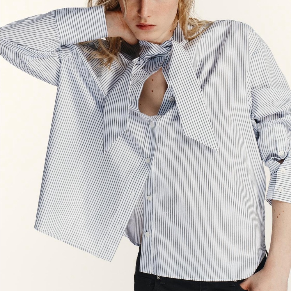 Zara Striped Women’s Tie-Neck Shirt - Picture 2 of 3